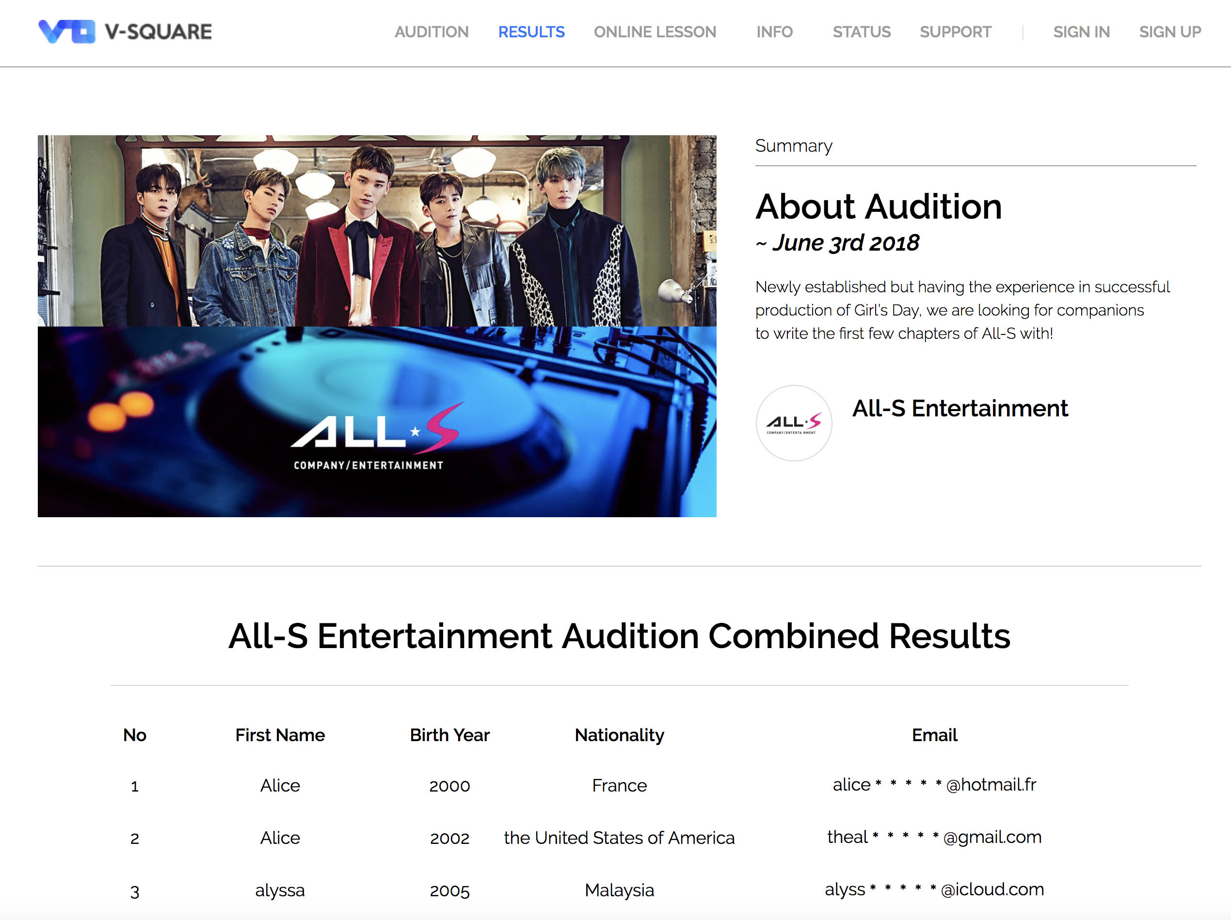 V-Square online KPOP audition results, next audition information