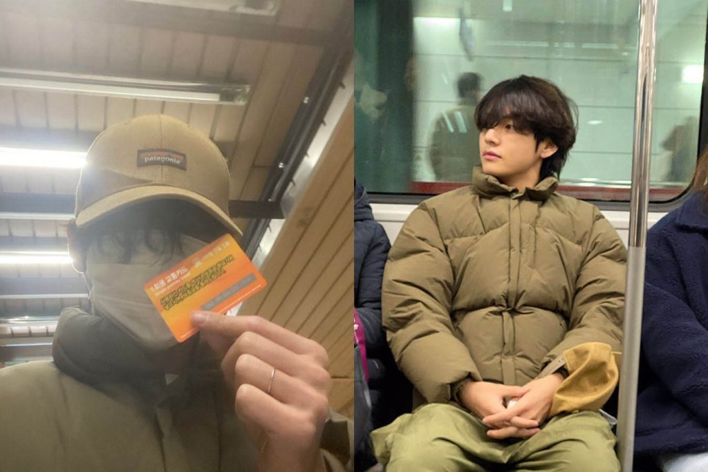 V of BTS was spotted on a subway